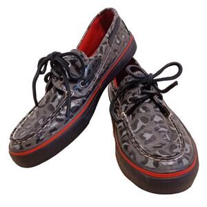 Sperry Top Sider Boat Deck Shoe Women's Size 6 Gray Leopard Print Coated Canvas